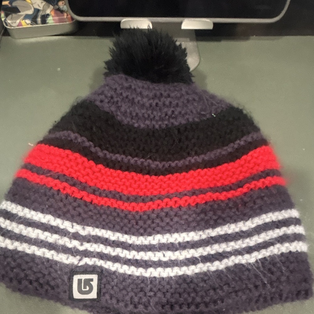 Burton Knit Lined Pom-Pom Beanie Hat One Size Striped Purple Black Red White